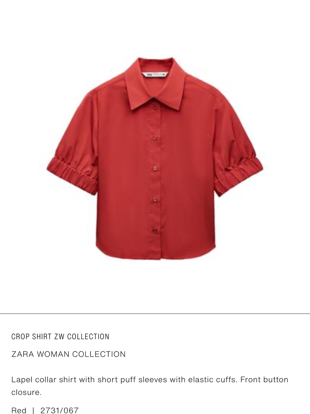 Zara Red Short-Sleeve Crop Shirt with Puff Cuffs Set